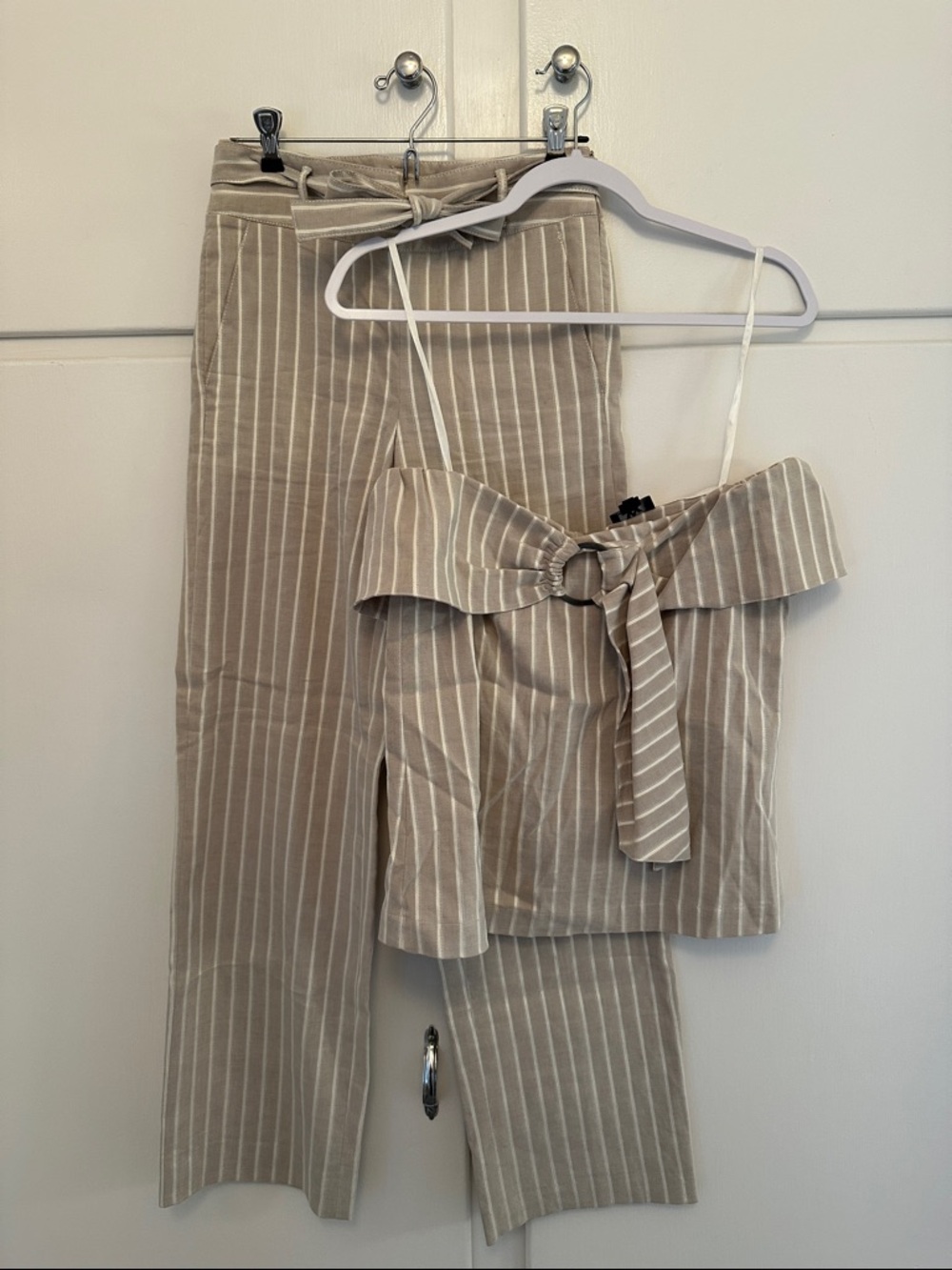 NEW W By Worth Tan & White Pinstripe Off Shoulder Blouse (Part of Set)